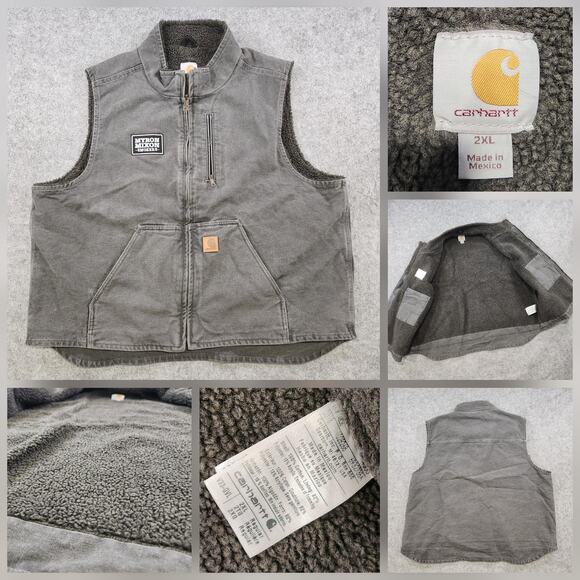 Carhartt Vest Mens 2XL Gray Sherpa Lined Full Zip Canvas Duck Myron Mixon Jacket - Picture 1 of 12